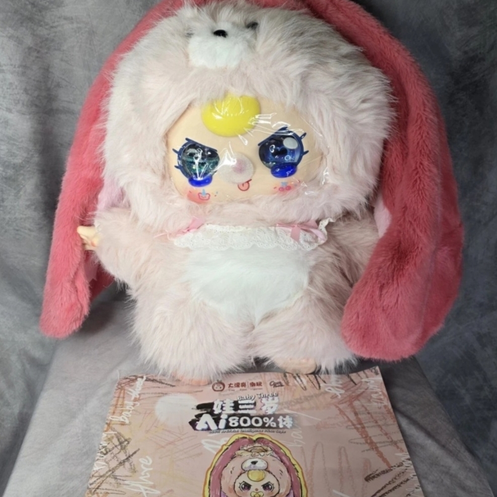 Baby Three AI 800% Pink Bunny Plush Doll Rare Blue Heart Crying Eyes New No Box